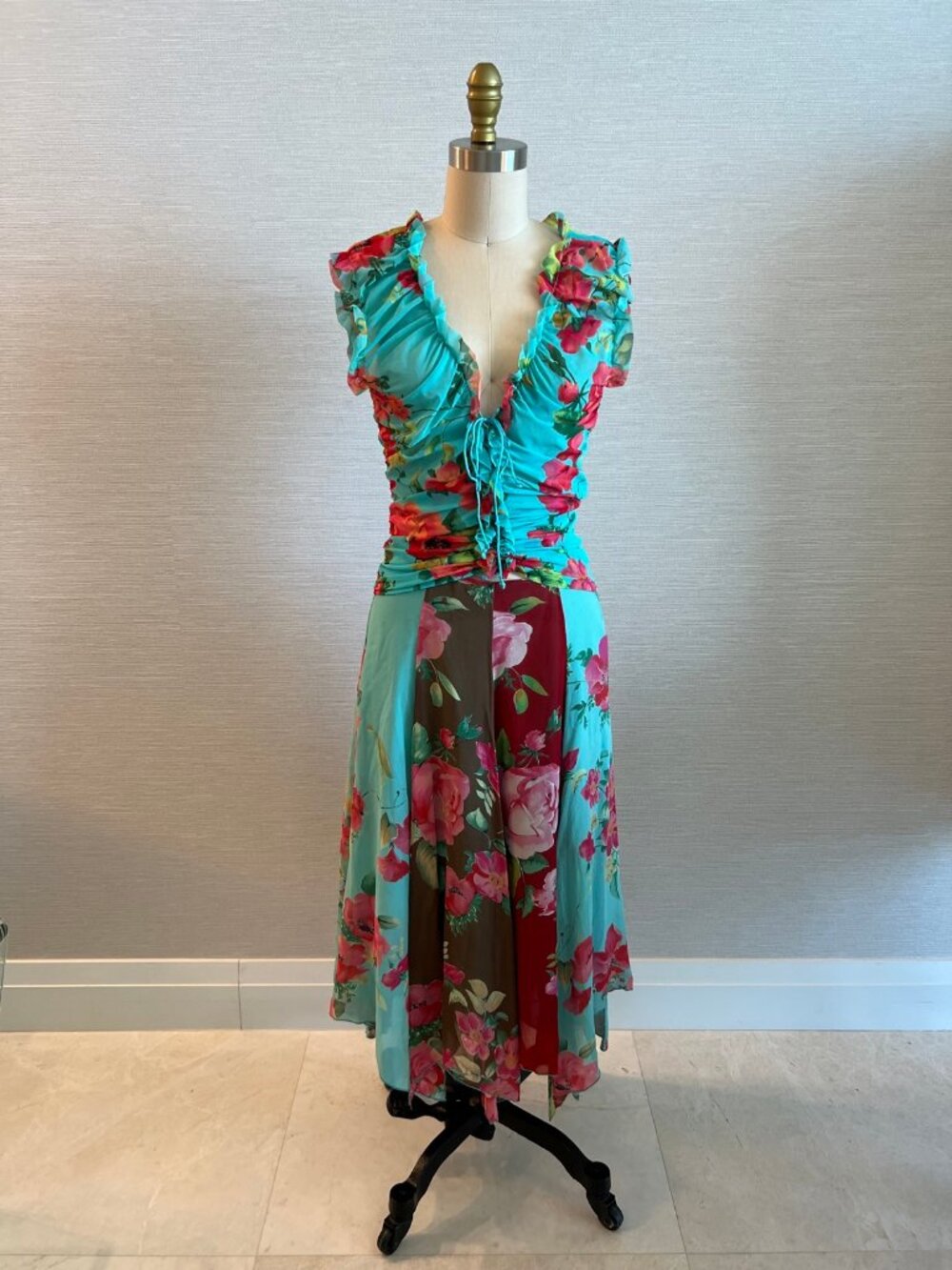 Blumarine Turquoise Floral Mesh Midi Dress Ruched Tie Front Italy 44